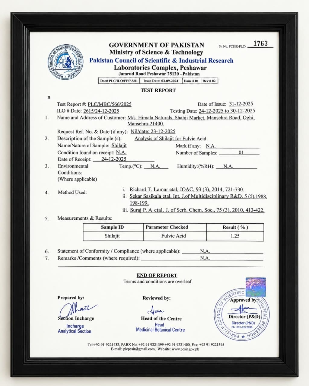 PCSIR test report: Fulvic acid: 1.25%