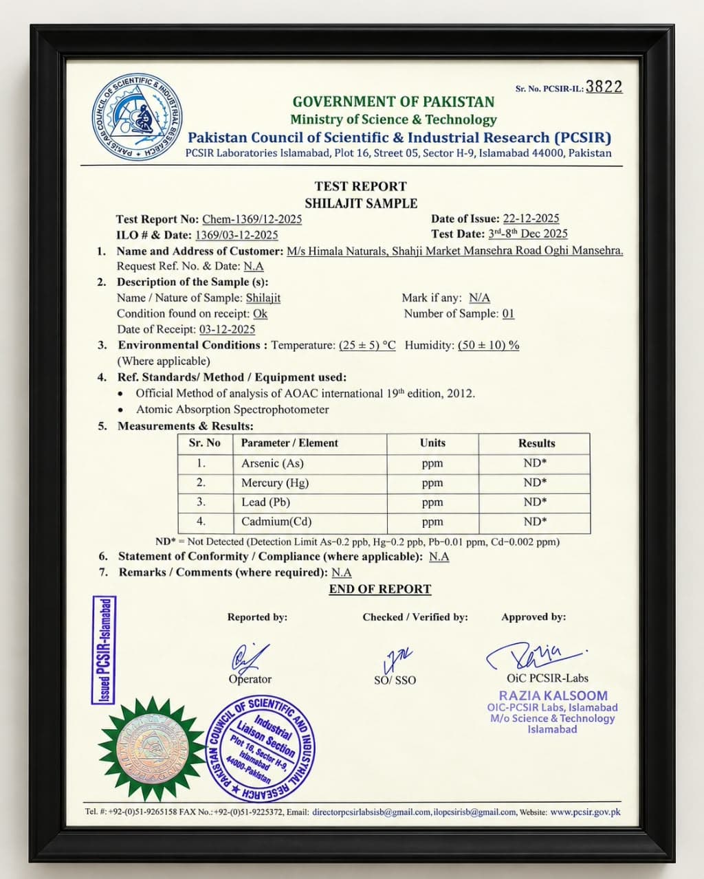 PCSIR test report: Heavy metals: none detected