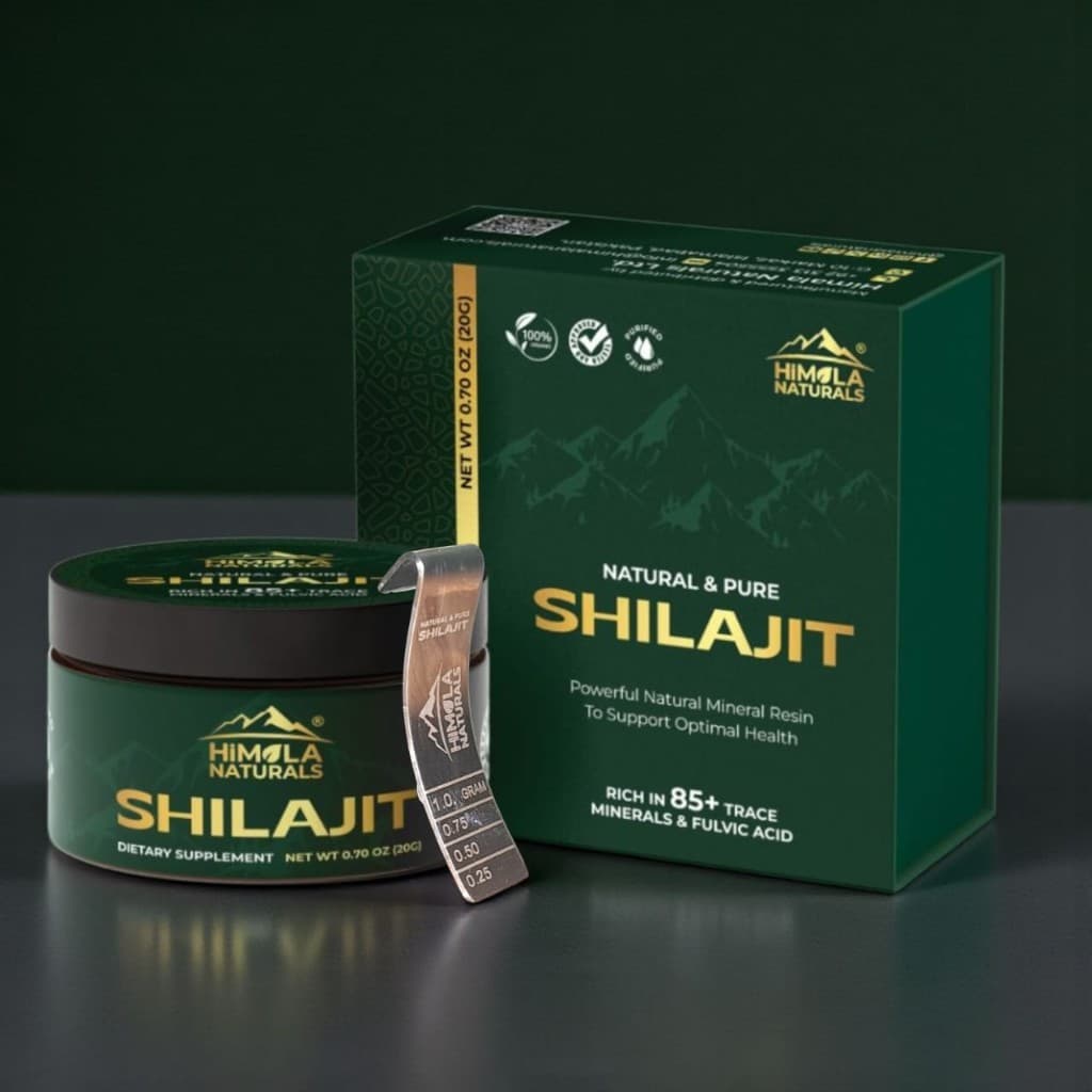 Himala Naturals shilajit jar, measuring spoon and gift box